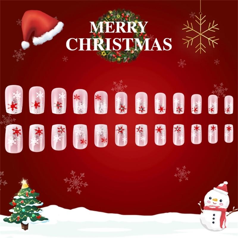 Christmas Fake Nail Square Press on Nail Snowflake Acrylic Nail Full Cover False Nail Stick on Nail Artificial Nail