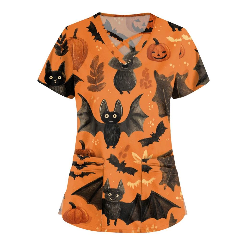 Women's Fashion Cross V Neck Short Sleeve Overalls Double Pockets Halloween Printed Tops Uniforms