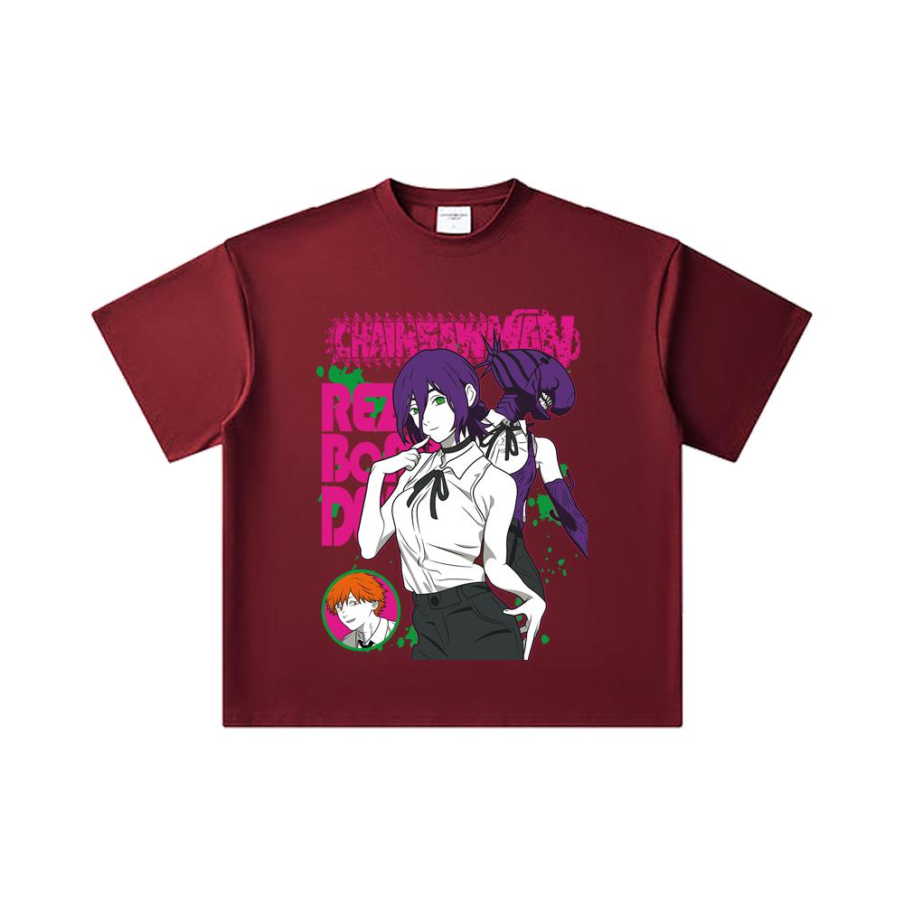 

260 GSM Double Yarn 32 Count 100% Cotton Chainsaw Man V44 Reze Print Unisex Heavy Cotton T Shirt 2XL вина червоного кольору