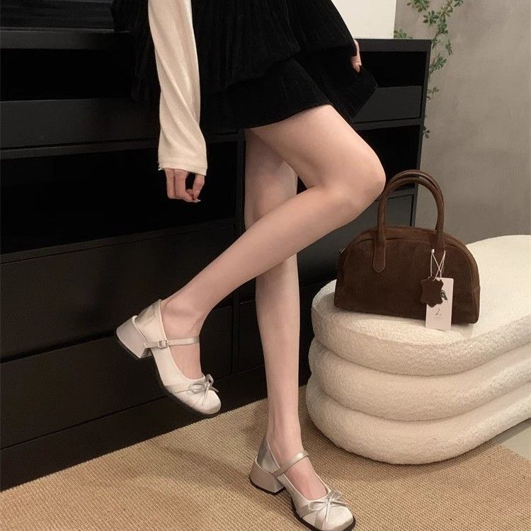 Satin bow square head Mary Jane heels spring and summer versatile skirt one-word buckle-down single shoes