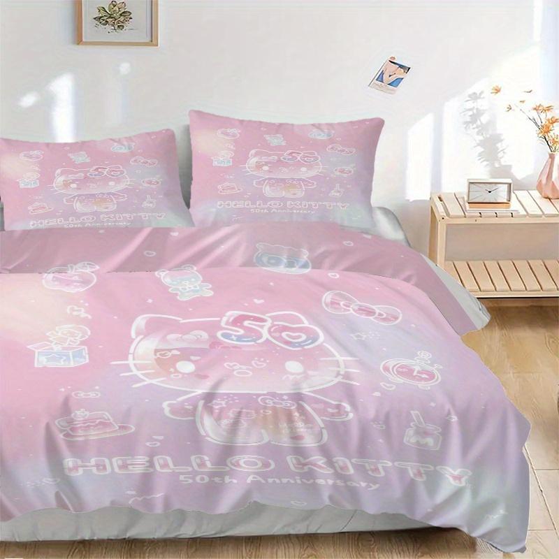 

3 шт. Розовый стеганый комплект с принтом Hello Kitty - Мягкий и удобный пододеяльник для спальни, гостевой комнаты Декоративный комплект постельного белья W080 135x200cm