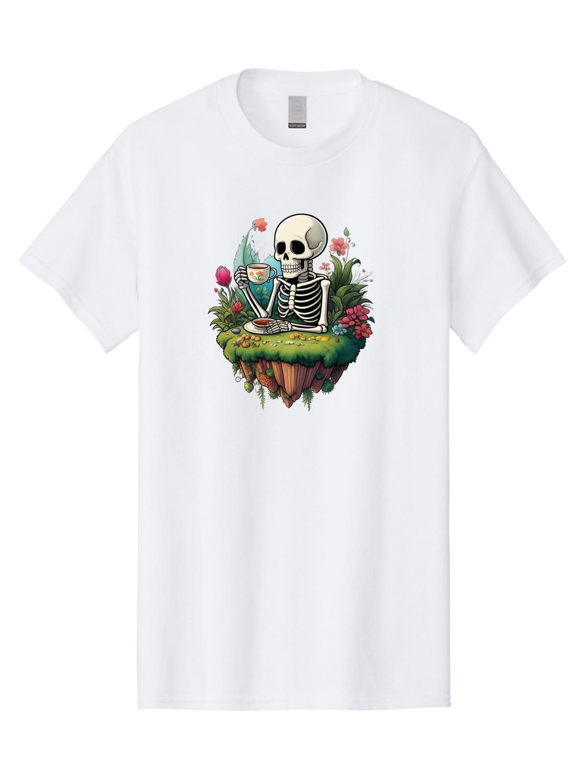 Skeleton-Drinking-Tea-1 Mens Graphic Tee,100% Cotton,Casual Summer Wear S
