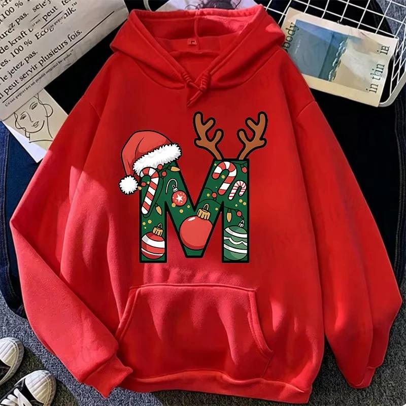 Festive Christmas Alphabet Letter with Santa Hat Graphic Hoodies Xmas Family Matching Holiday Party Sweatshirts Tops Gifts