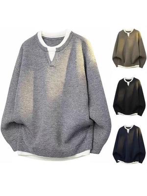 Men's 2025 Autumn/Winter Trendy Casual Knitwear – Versatile Fake Two-Piece Long Sleeve