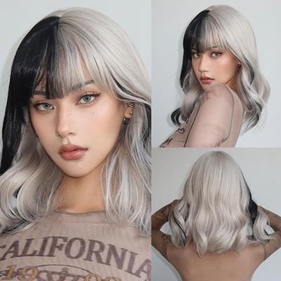 Ombre Short Wavy Cosplay Lolita Wigs with Bangs Light Platinum Silver Black Bob Synthetic Hair Daily Wigs for Women Heat Resistant Wig