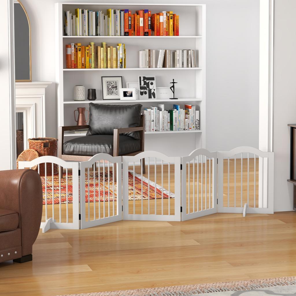 Dog Barrier Gate 5 Panels Foldable Flexible Solid Wood MDF 261.5x29.5x61 Cm White