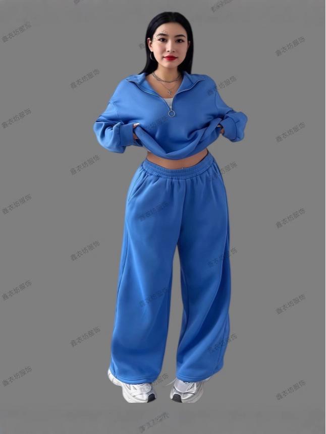 2025 Women's Casual Half-Zip Hoodie and Long Pants Set - European & American Autumn/Winter Style.