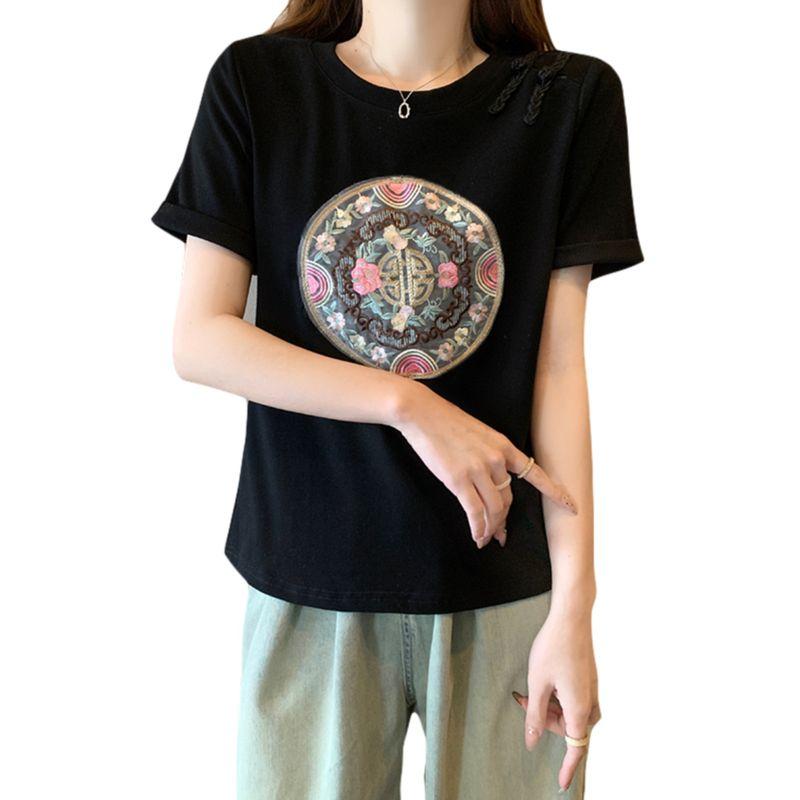 Plus Size Women's Clothing Chinese Style Summer Retro Sweet round Neck Chinese Knot Button Fashion Girlish Style Casual Short Sleeve T-shirt L-4XL