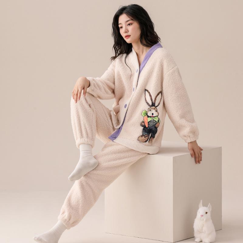 Flannel Pajamas Women'S Autumn And Winter Cute Cartoon Lamb Fleece Thickened Fleece Coral Fleece Loungewear Warm Suit