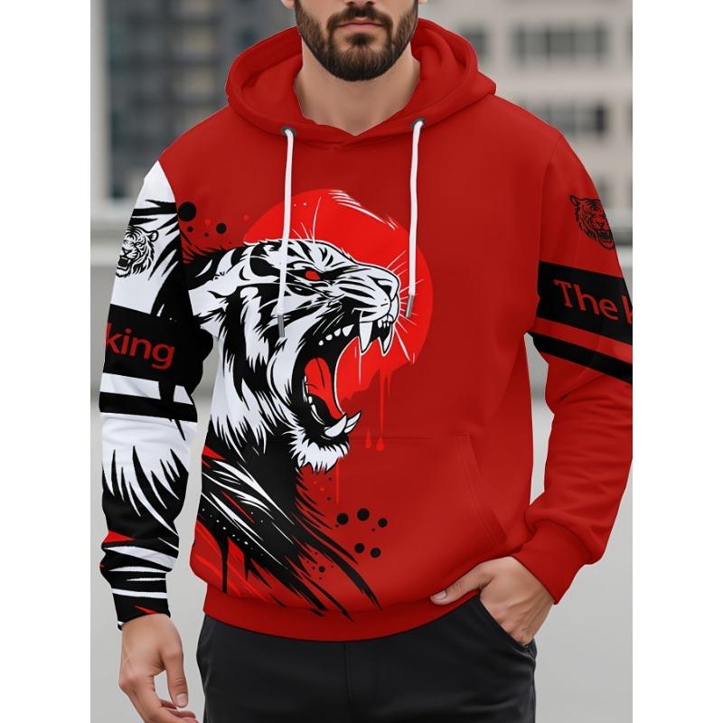 

Men S Hooded Sweatshirt - Red with Black Accents, Full-Body Graphic Pullover Hoodie XL