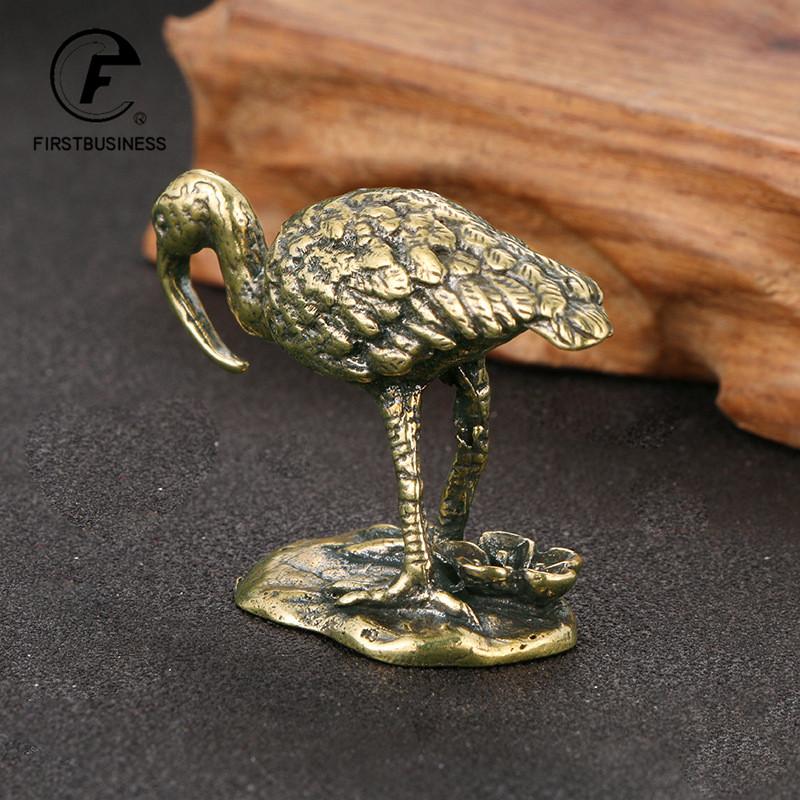 Retro Brass Long-billed Crane Statue Desktop Small Ornaments Bird Animal Miniature Figurines Home Decorations Crafts Collections