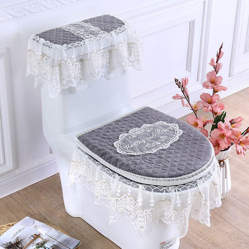 Universal European Style Double-Sided Toilet Seat Cover Set with Zippered Lace Fabric - All Seasons, Three-Piece Set.