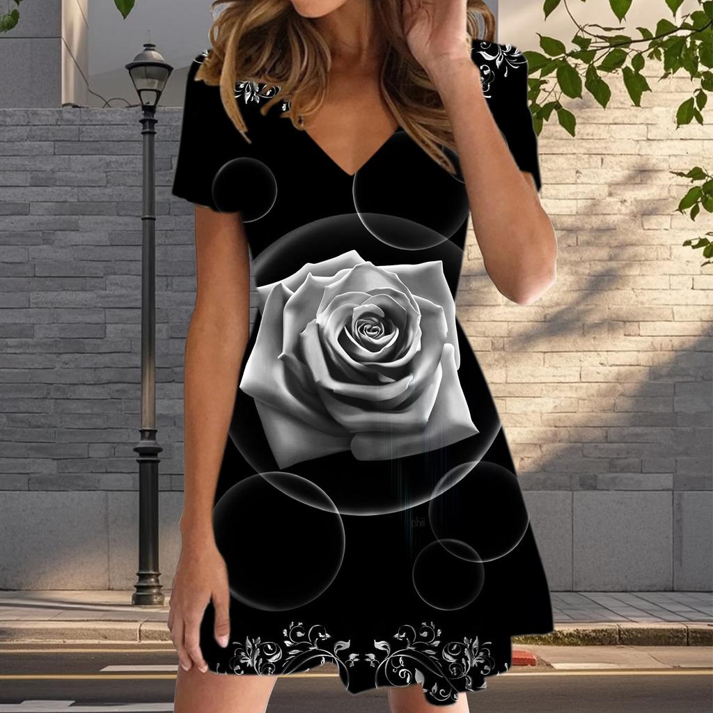 Summer Fashion Women's V Neck Short Sleeve Flower Printed  Dress Sex Short Skirt Dresses