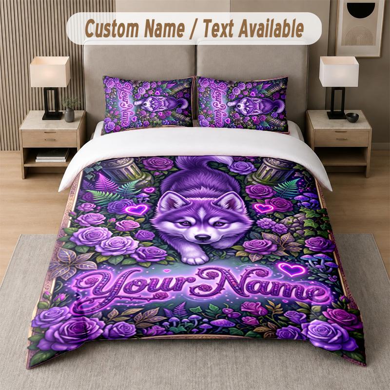 Wolf Fox Theme Custom Text Or Name 3Pcs Bedding Set 1 Flat Sheet & 2 Pillowcases Personalized Home Bedding