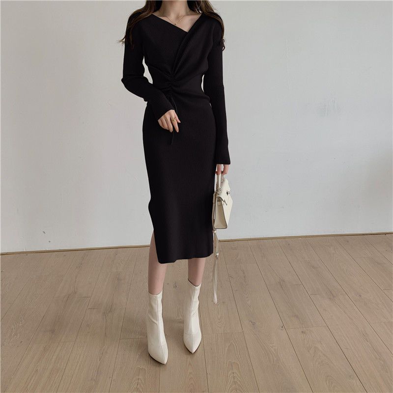 Large Temperament Light Mature Style Medium Length Knitted V-neck Split Dress