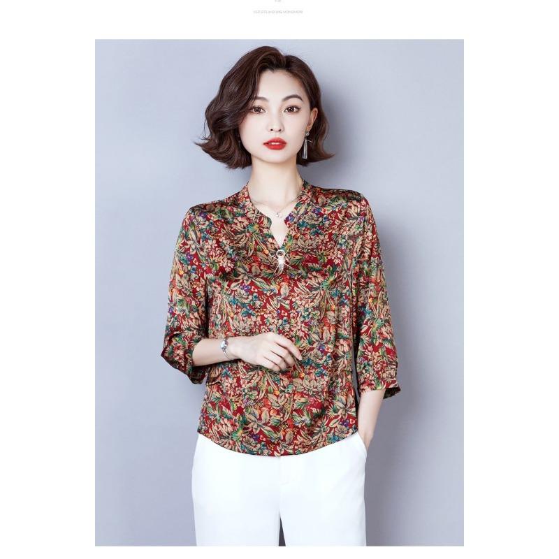 

Женская винтажная блузка с цветочным принтом, оборками и V-образным вырезом, с рукавами 3/4 M красный