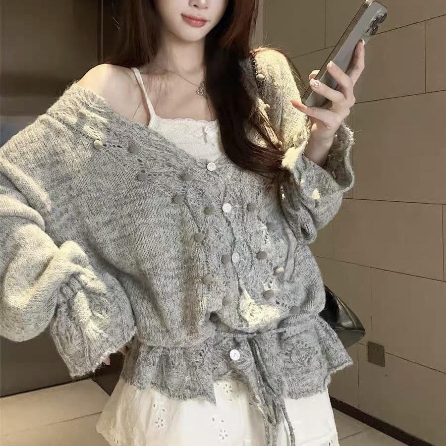 Gentle Fashionable and Comfortable Hollow Crochet V-neck Knitted Sweater Women's Autumn Loose and Thin Drawstring Sweater Jacket