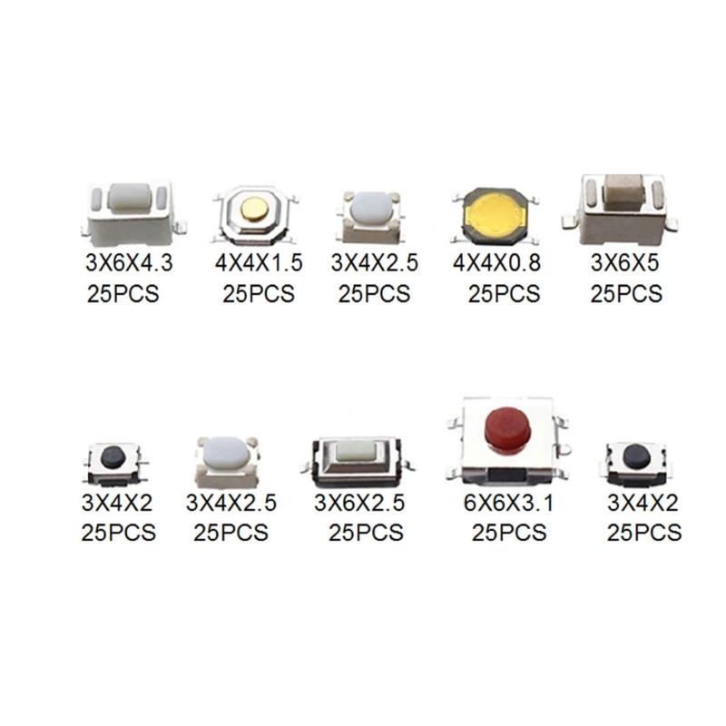 Pack Of 250PCS Tactile Push Button Switches 10 Types Metal & Plastic Switches High Sensitivity Switches for Electronics
