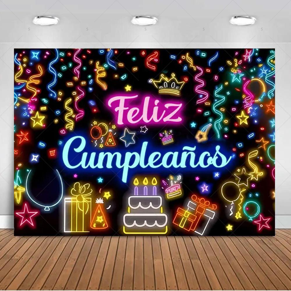 

Spanish Happy Birthday Theme Background Supplies Colorful Balloon Birthday Party Decor Backdrop Banner Kid Gift Photo Shoot Prop 120X90CM