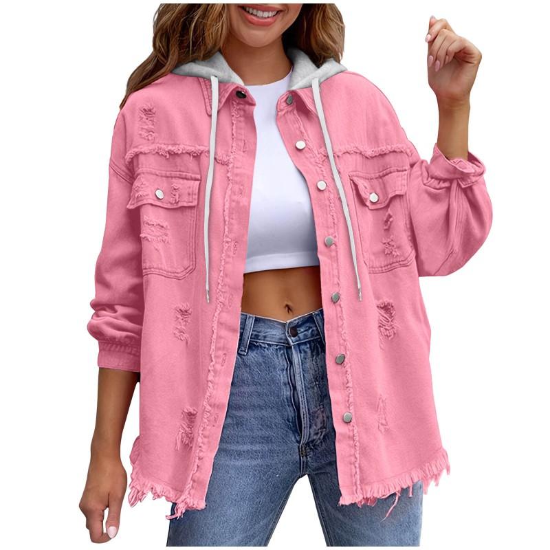 Damska Jeansowa Kurtka z Kapturem Luźny Krój Oversize Streetwear Długi Rękaw Z Efektem Zniszczenia