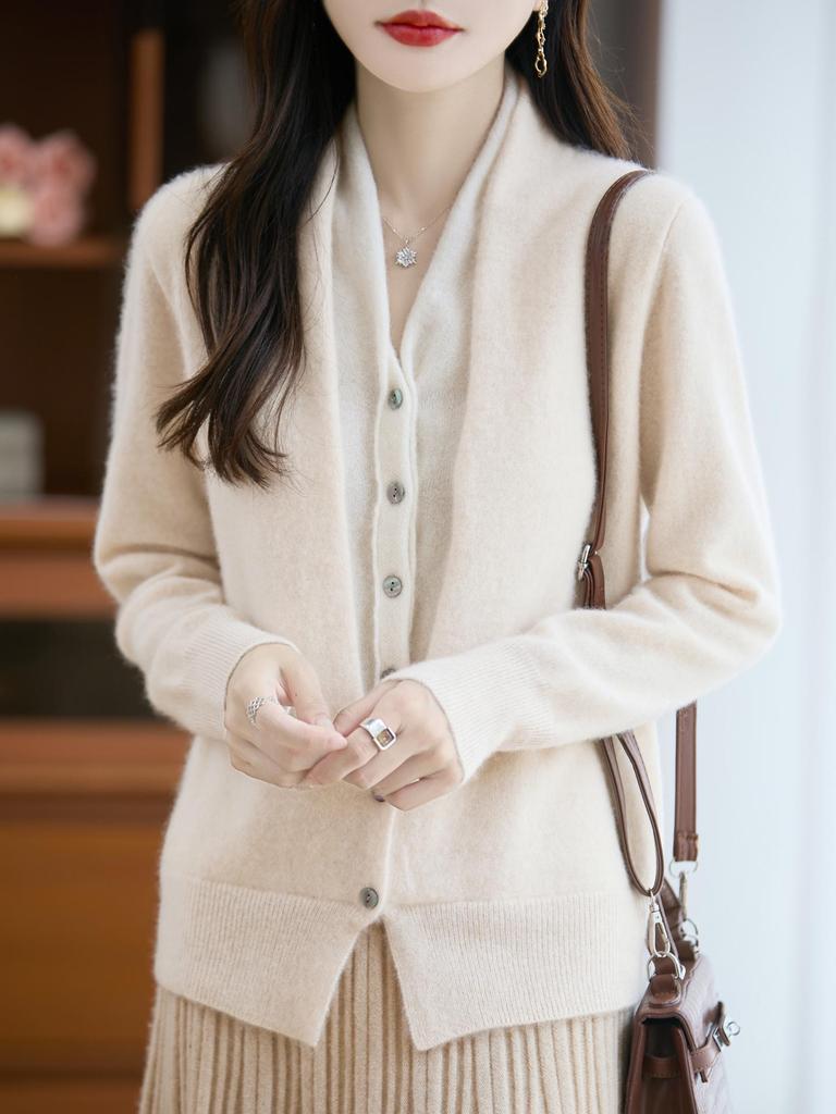 V Yaka Renk Bloklu %100 Yün Örgü Hırka - Sonbahar & Kış İki Parçalı Fransız Günlük Kazak Ceket