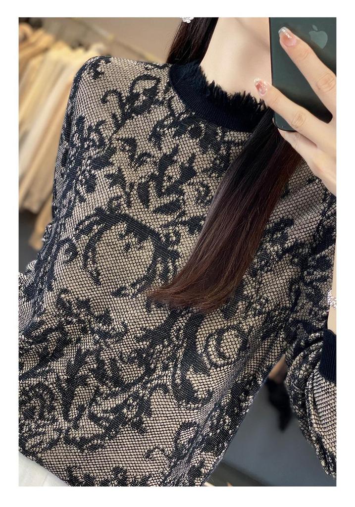Women's Wool Knit Sweater: Jacquard Fringed Hem, Half-High Neck with Lace Cutout Long Sleeves
