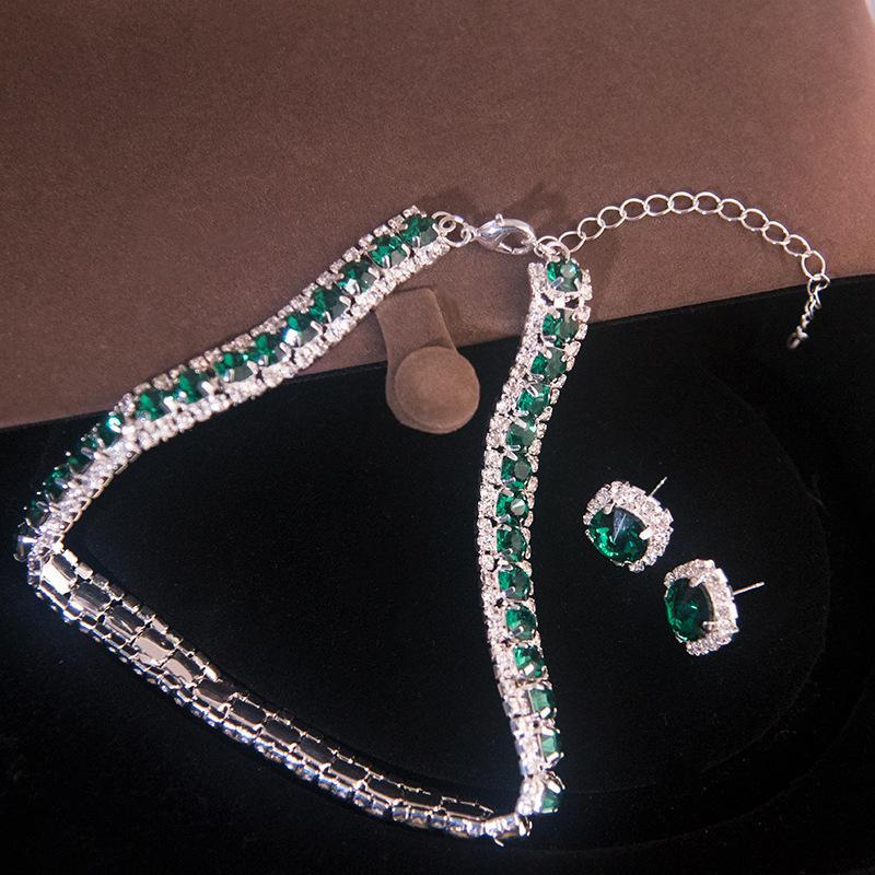 Luxury Necklace Earrings Sets Green Crystal Necklace Women Weddings Bride Jewelry Accessories