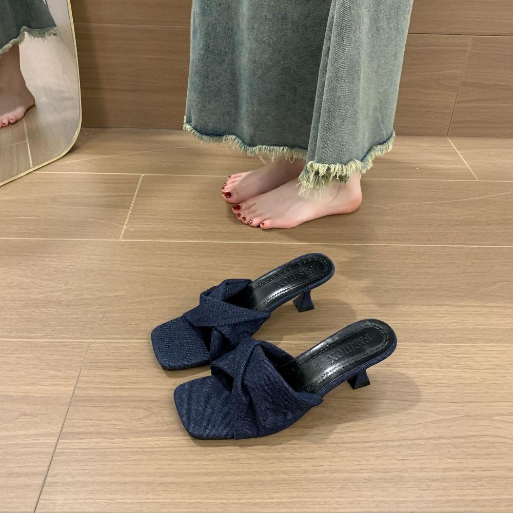 Fashion Slippers for Women's 2025 Summer New Denim Cross Strap Square Toe Slim Heel Womens Shoes Straight Strap High-heeled Sandals
