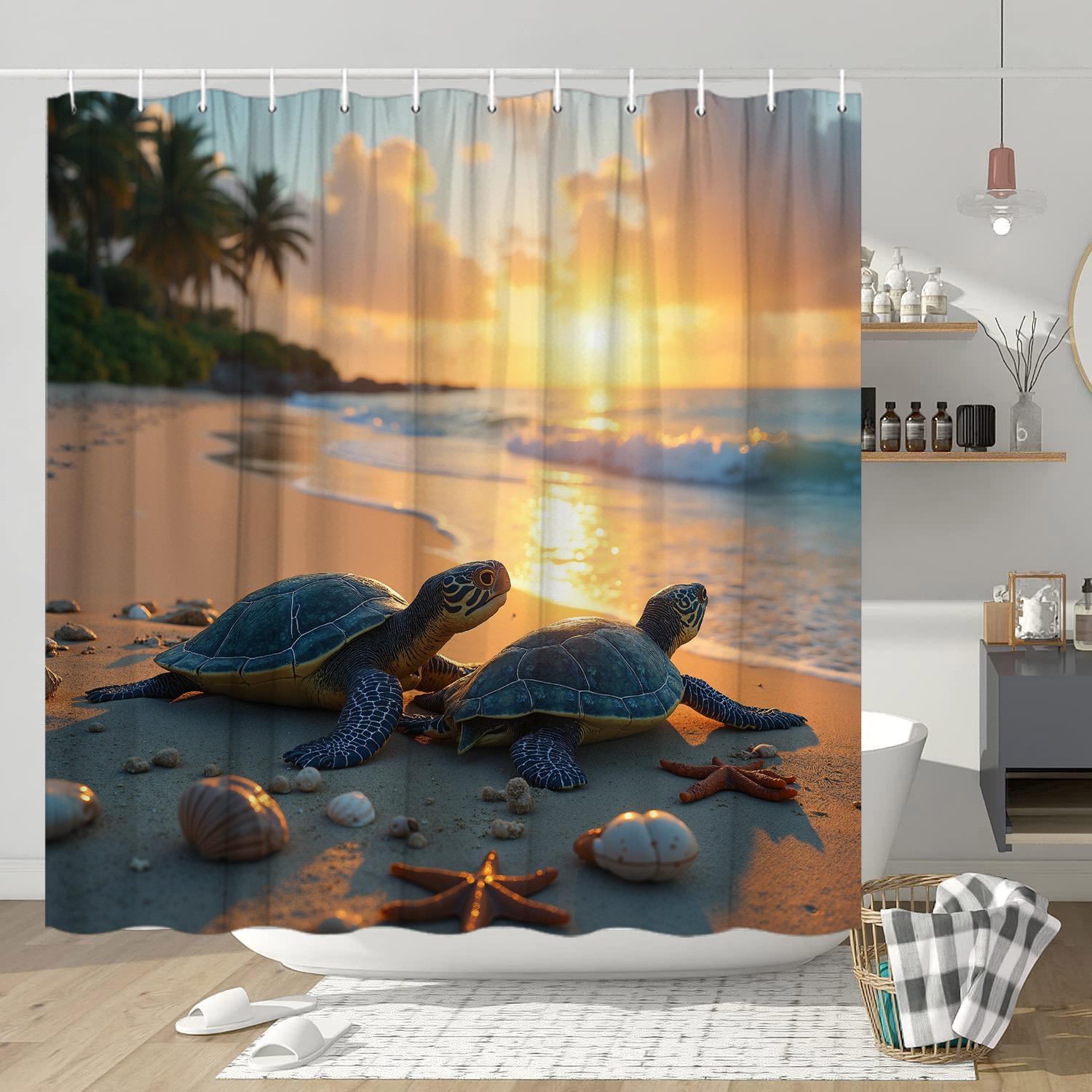Textile Article Light Sea Turtle Sunset Shower Curtain - Serene Beach Scene With Turtles, Palms & Shells, Polyester, Washable, Tropical Bathroom Decor