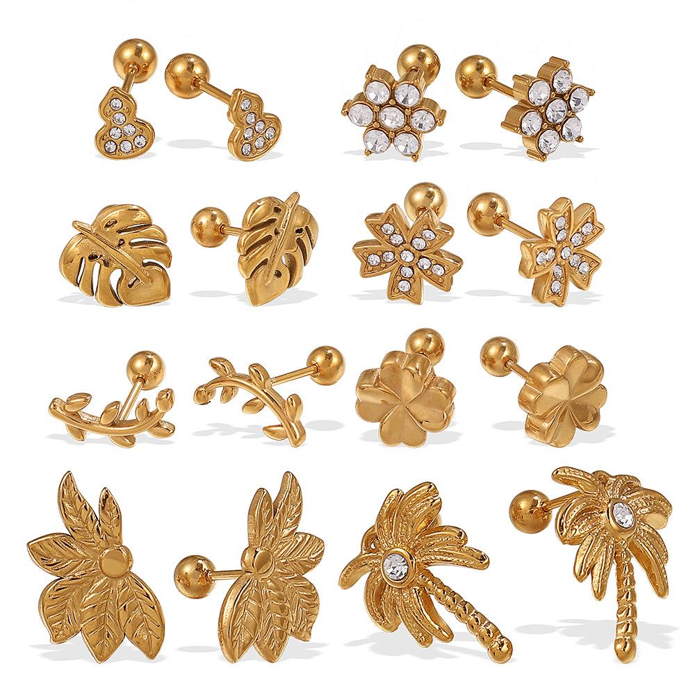 Fashion Sweet Wind Flower Coconut Tree Plant Stud Earrings Stainless Steel Gold Plated Diamond Piercing Earrings