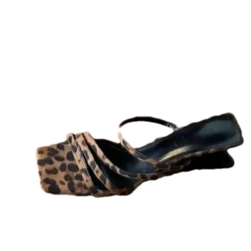 Fashion Leopard Women Slippers Mid Heels Summer Shoes 2024 Designer Beach Dress Flip Flops Walking New Casual Pumps Cozy Femme Slides