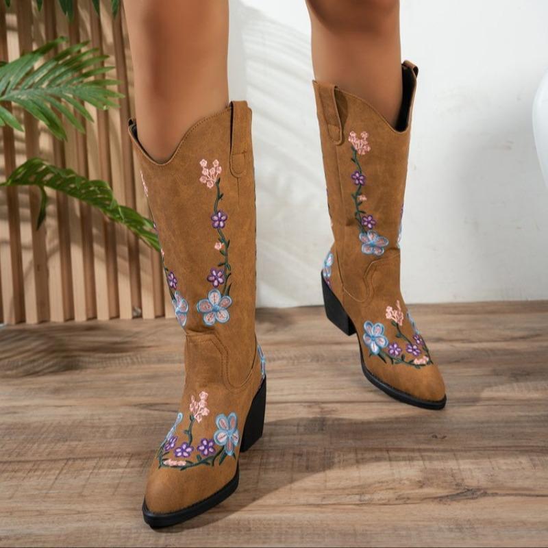 Autumn and Winter Medium Heel Large Size Embroidered Women's Boots Medium Boots Sleeve Pointed Martin Boots
