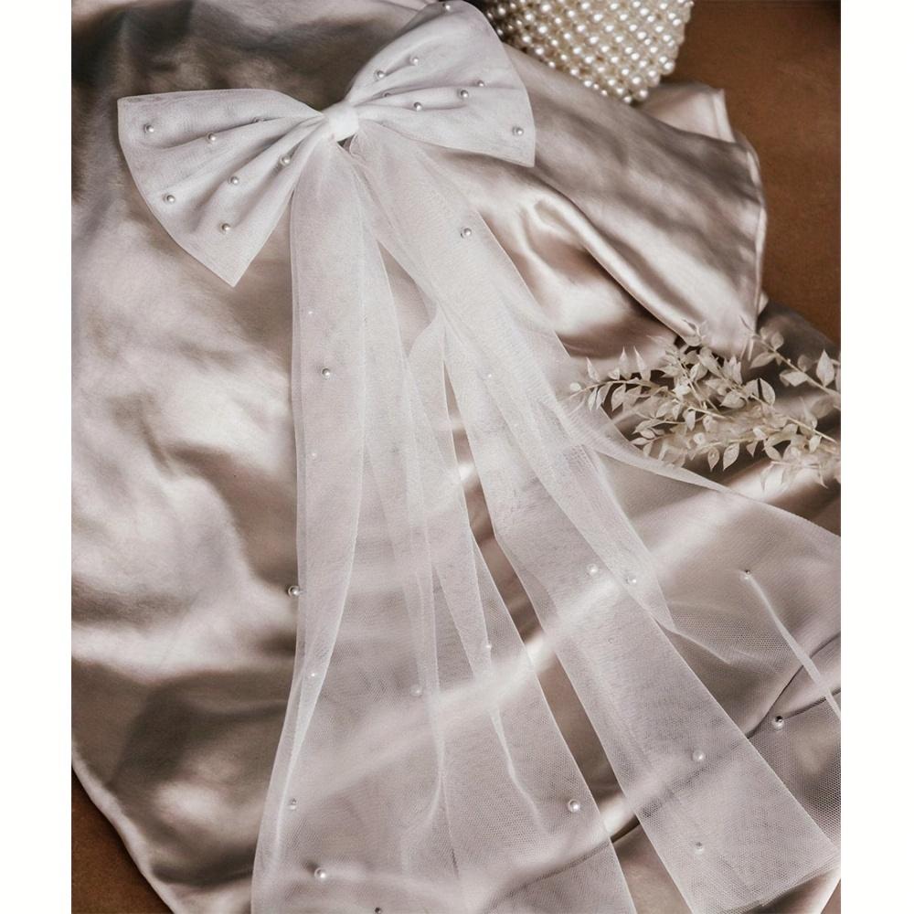 Elegant Bridal Bow Veil with Imitation Pearls White Tulle Clip-on Wedding Accessories