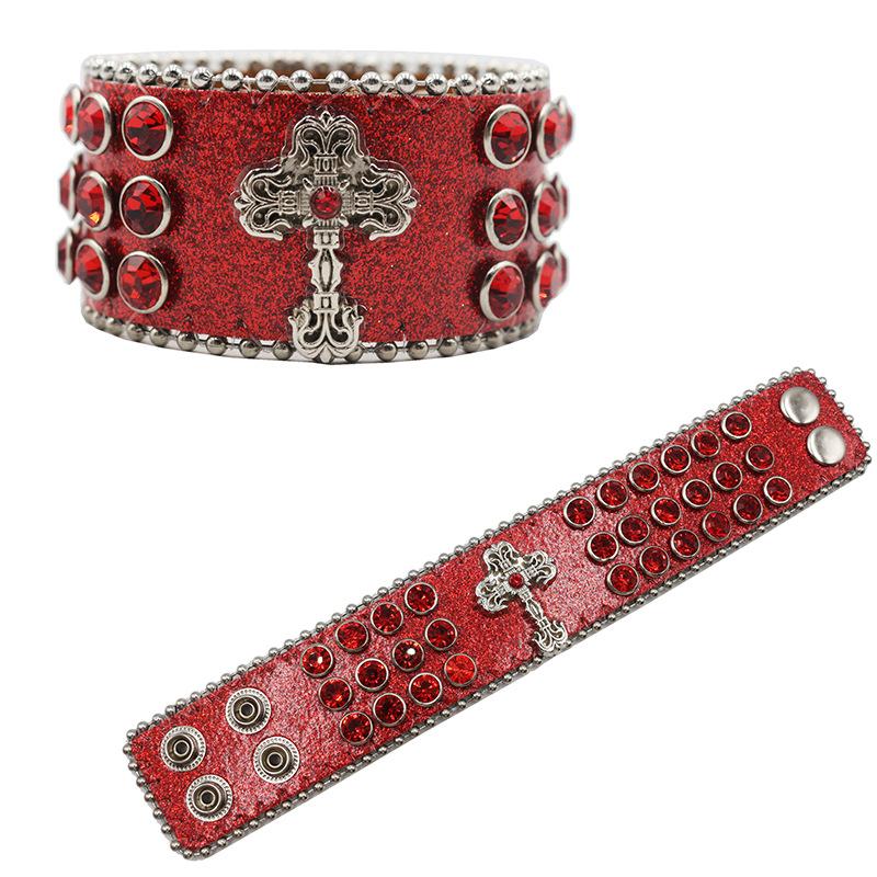 European and American Punk Cross Rhinestone Bracelet Design Diamond PU Leather Bracelet