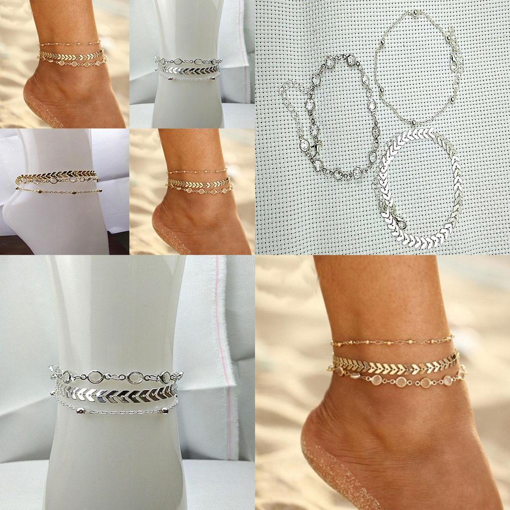3pcs Set Of Exquisite Summer Beach Fashion Fishbone Chain Crystal Zircon Anklet