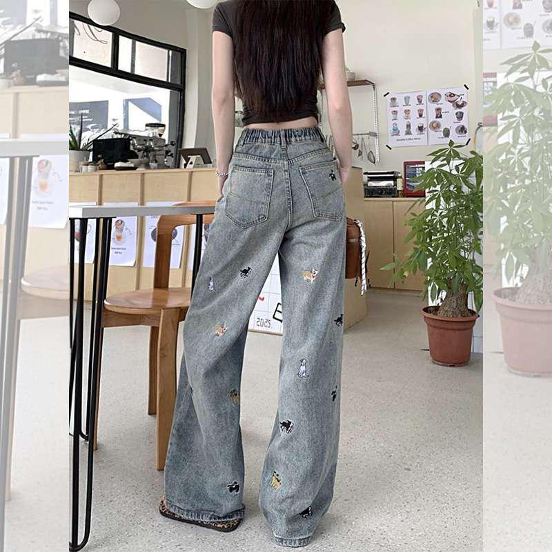 2026 Cartoon Embroidery High-Waisted Wide-Leg Jeans for Women - Autumn Petite Straight-Leg Design