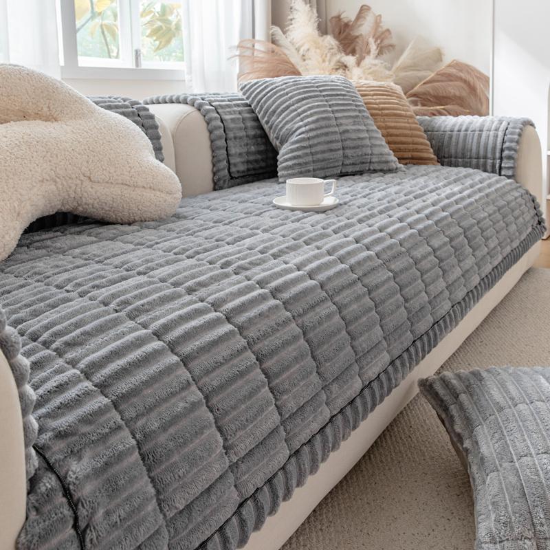 Thicken Stripe Flannel Quilting Anti-Slop Sofa Cover, Simplized Design Sofa Seat Pad Multiuse Washable Sofa Towel