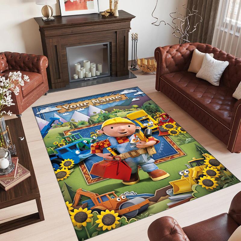 Personalized Crystal Velvet Carpet Custom Name Text,Bob the Builder Anti Slip Area Rug For Home Decoration
