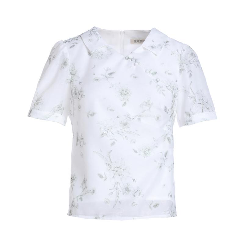 Temperament New Chinese Bubble Sleeve Printed Shirt Women's Summer Edition High End Folding Design Top