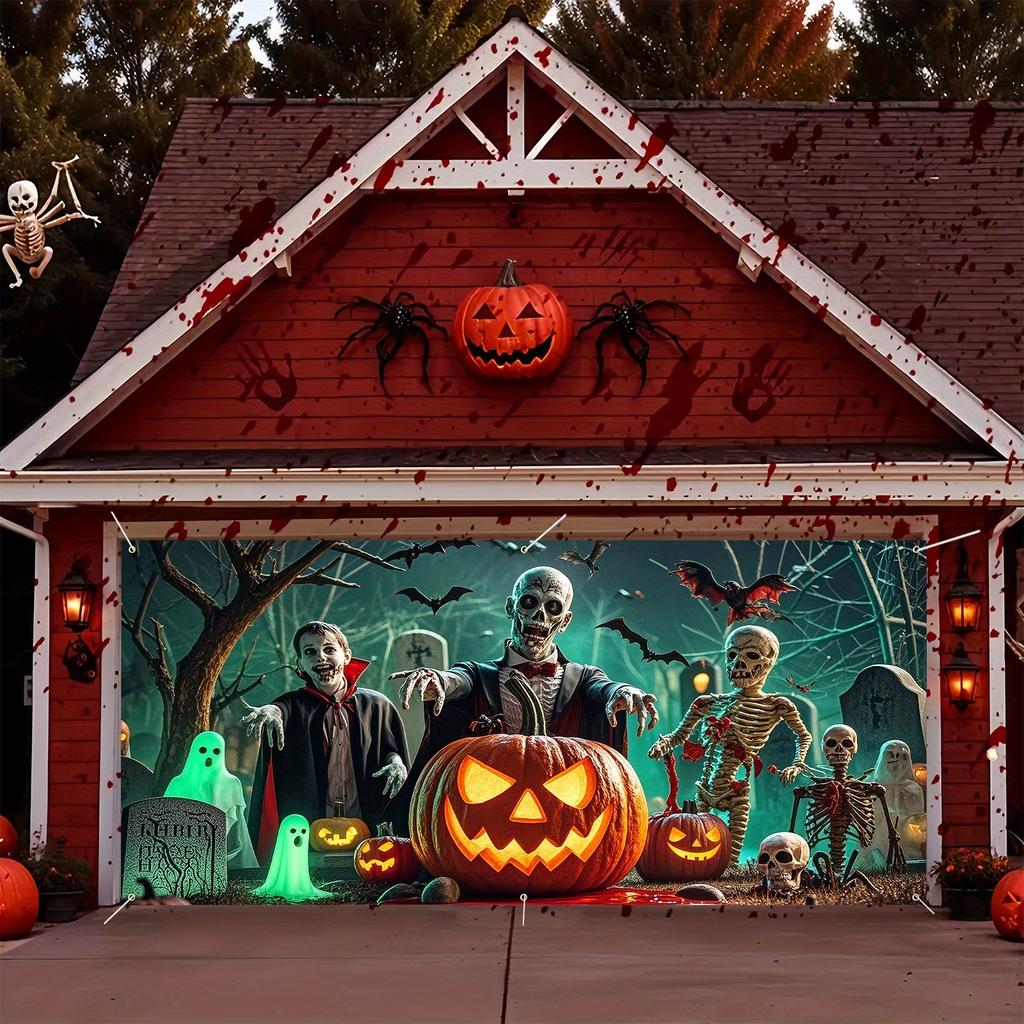 1pc Terrifying Halloween Garage Banner - 157x71 Inches, 2D Designzyc