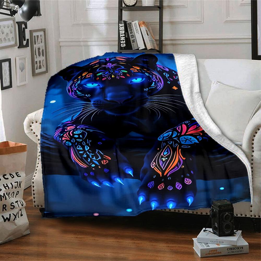 1PC Neon Panther Print Blanket, Throw For Sofa, Bed, Travel, Printing Blanket With Soft And Warm Fabric Yy250918163