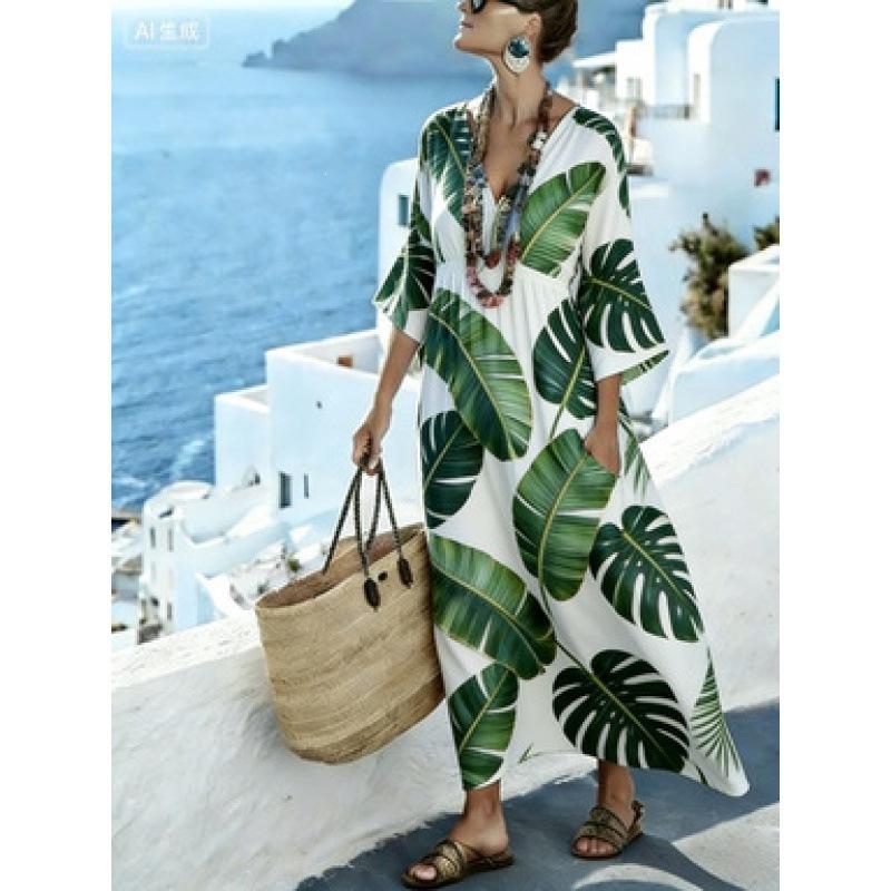 New retro ethnic style geometric rhombus print dress V-neck flared mid-sleeved pocket loose holiday dress