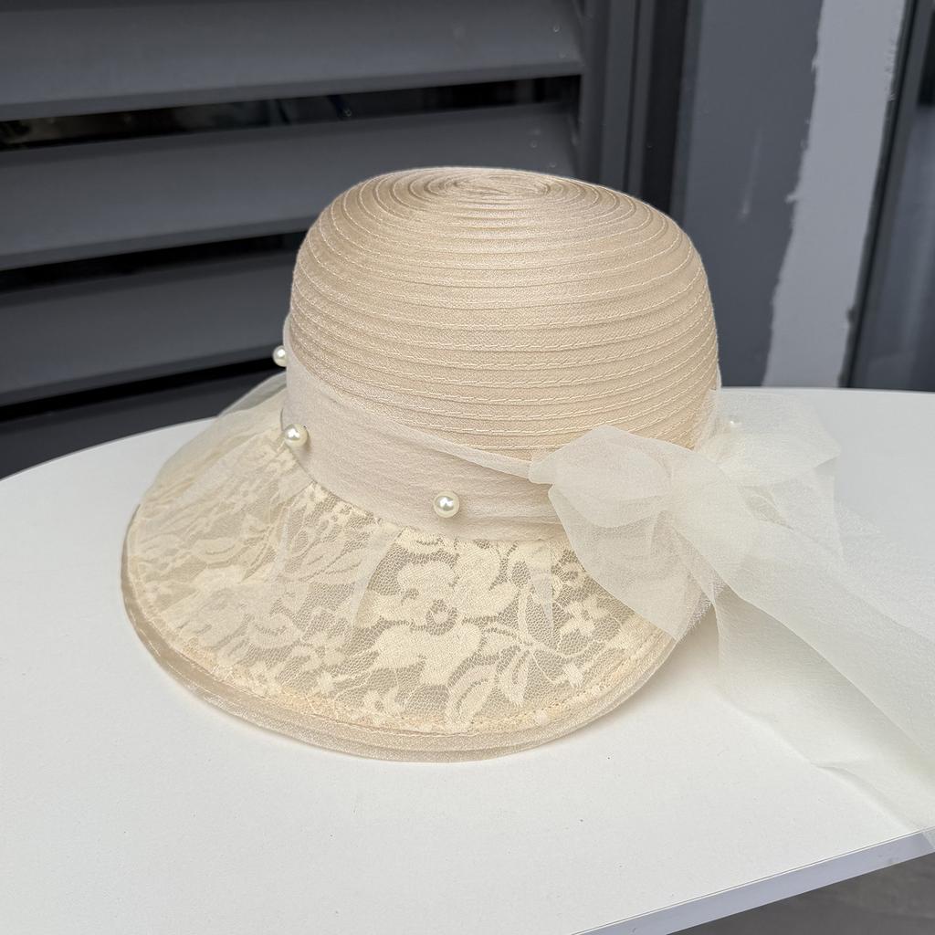 Elegant Flower Pearl Lady Hat Summer Organza Wide Brim Sunscreen Kentucky Derby Hats Women Church Wedding Beach Sun Cap