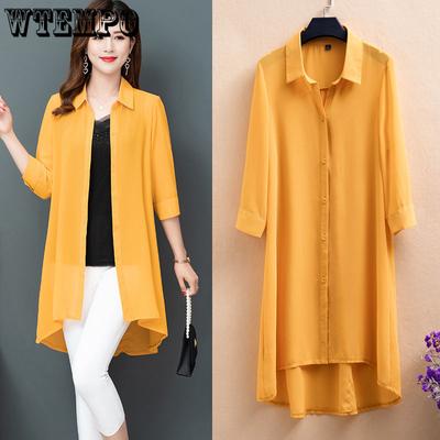 Camicia Estiva da Donna Taglie Forti a Lunghezza Media in Chiffon con Maniche a Tre Quarti e Cardigan in Chiffon Abbinato a Giacca Protezione Solare