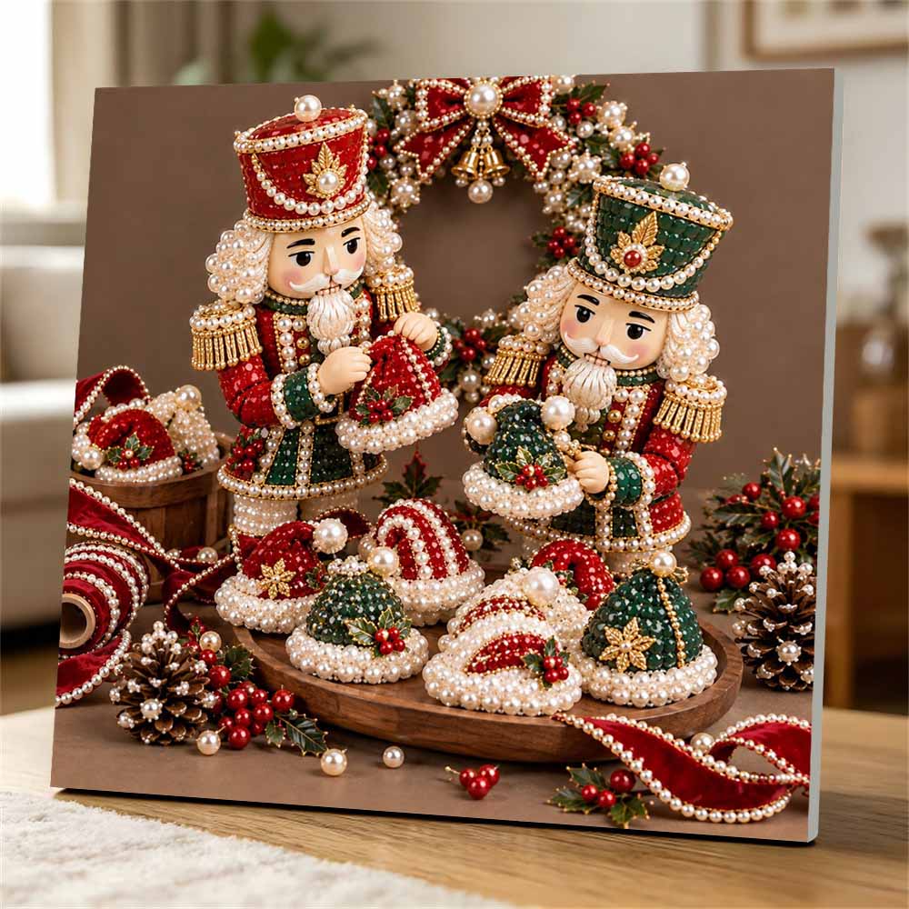 Handmade Framed Pearl Painting Set with Christmas Nutcracker Design 5D Shiny Bead Art Canvas Creative Craft for Room Decor