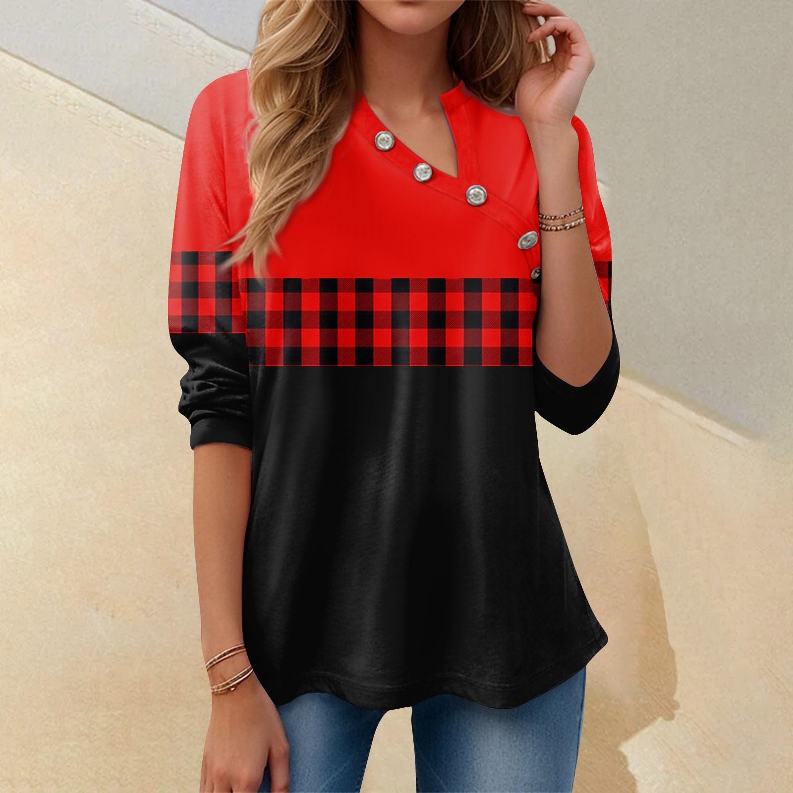 

Жіноча футболка з принтом і ґудзиком, з довгим рукавом, щоденна мода на вихідні, пуловери з V-подібним вирізом XL червоний