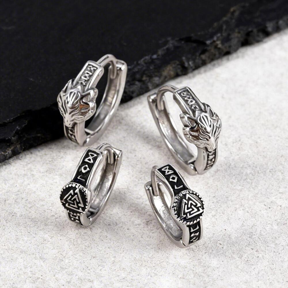 Viking Stainless Steel Hoop Earrings for Men,Vintage Totem Waterproof Metal Huggies Hoop Earrings,Piercing Jewelry Gift