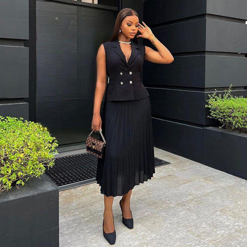 

Africa Female Dress Two Piece Sets European and American Cross-Border Women s Clothing Pleated Skirt Set Black S