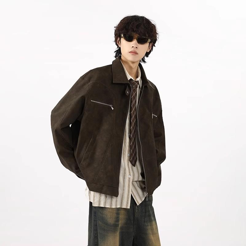 Men's Vintage Washed PU Leather Motorcycle Jacket - Loose Fit, High-End Vibe, Spring/Autumn