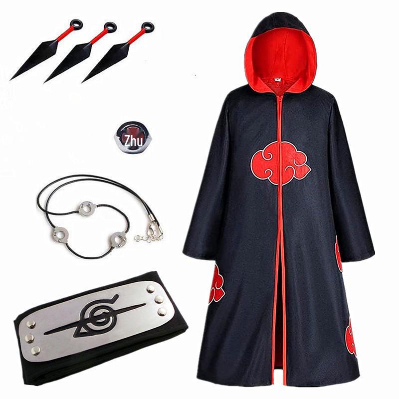 Set pláště Akatsuki s červenými mraky: Obsahuje plášť Naruto, prsten, doplňky čelenky - Ideální pro halloweenský kostým